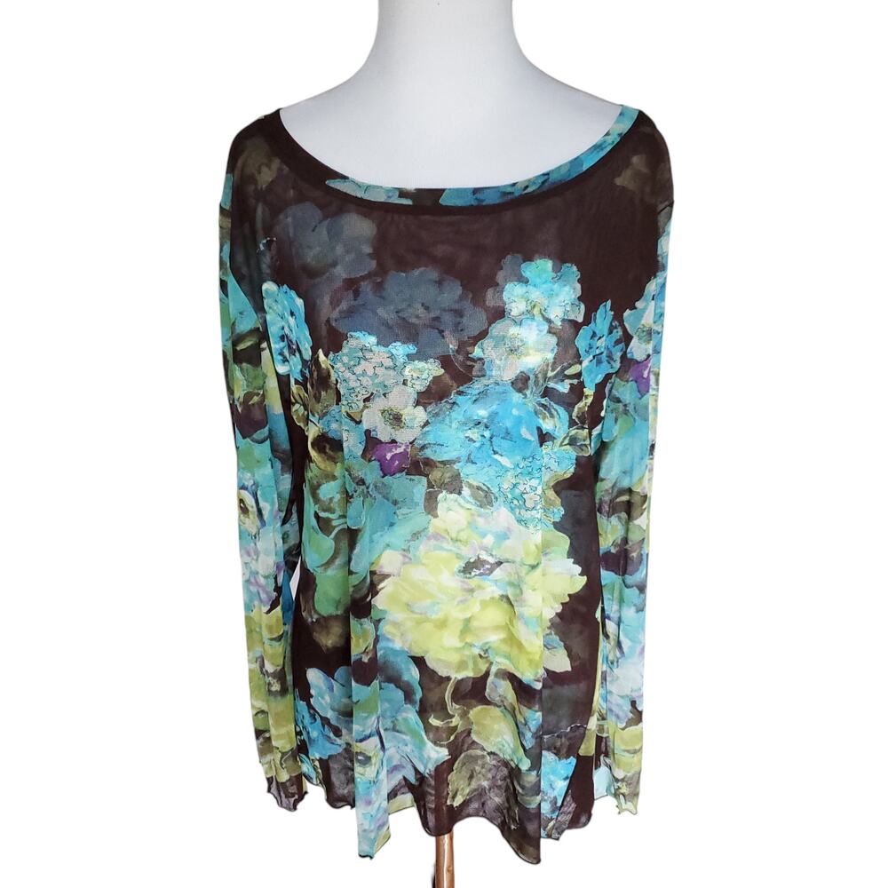 Soft Surroundings Blue Floral Sheer Mesh Blouse Top Sz XL